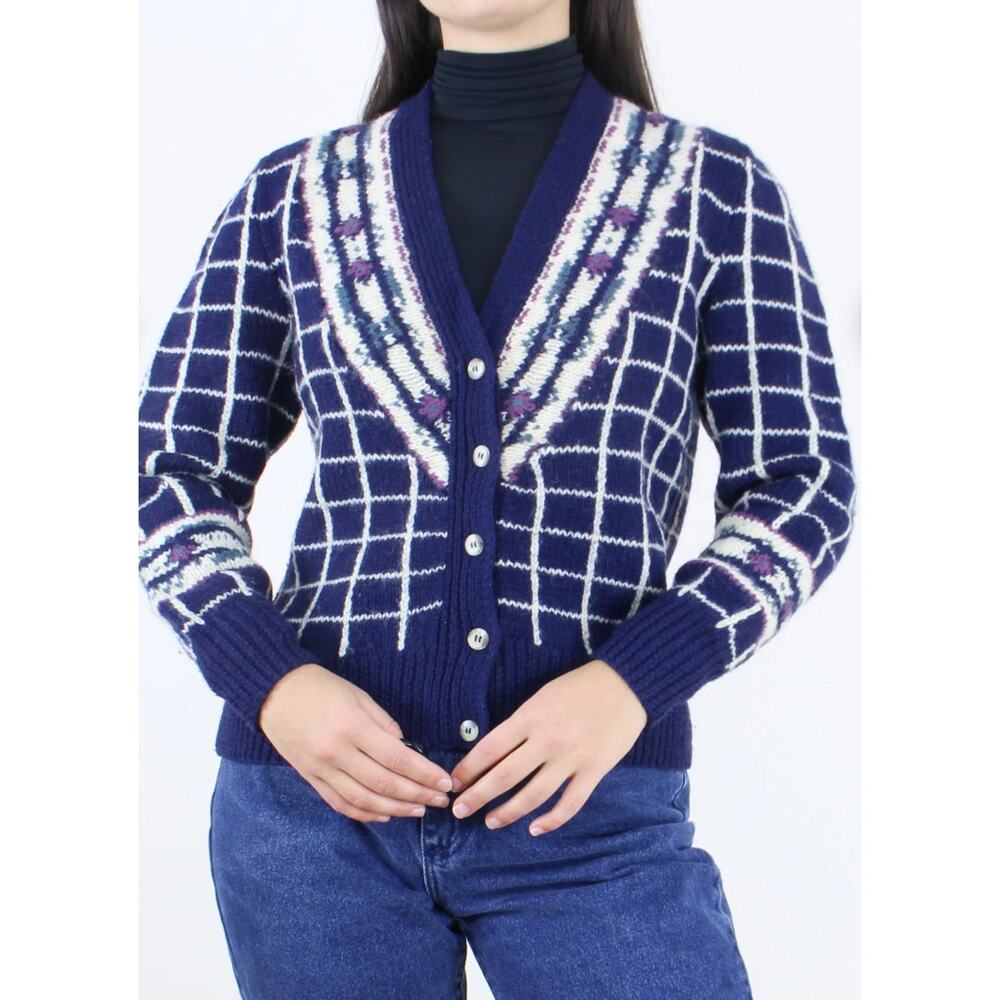 Vintage 90's Lands End 100% wool‎ cardigan floral print grannycore, preppy Small